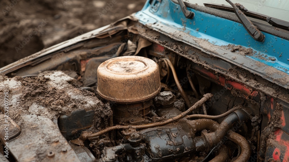 A car engine with a radiator cap removed and a coolant jug positioned above. A car engine with a radiator cap removed and a coolant jug positioned above.