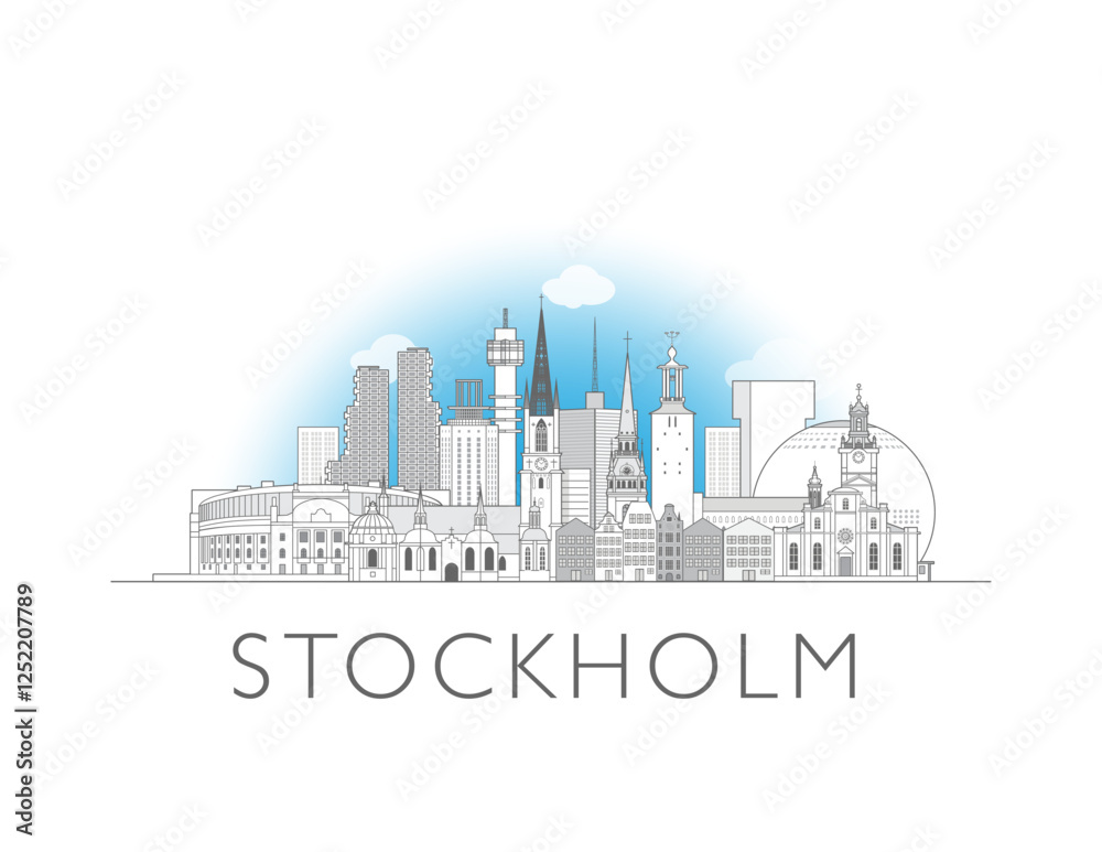 Naklejka premium Stockholm City cityscape illustration skyline drawing with sky