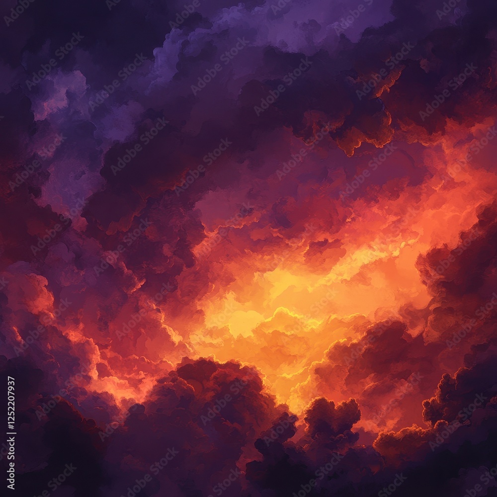 Dramatic sky with fiery light shining through dark clouds Dramatic sky with fiery light shining through dark clouds