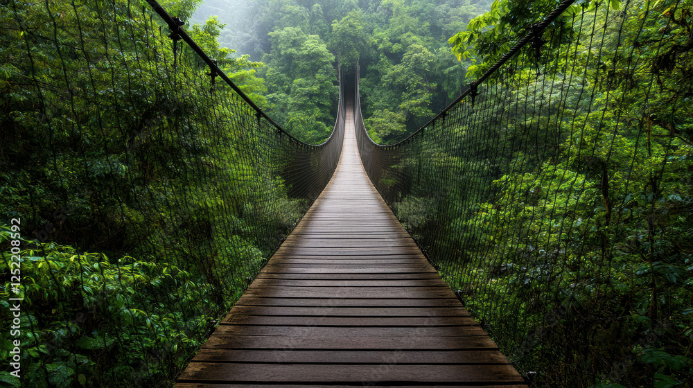 Fototapeta premium misty rainforest with hanging bridge surrounded by lush greenery