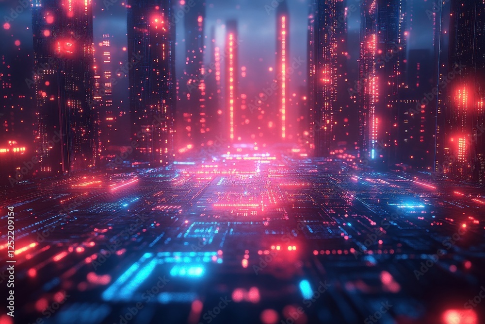 Futuristic Cyberpunk Digital Landscape with Glowing Circuit Patterns and AI Data Connections Futuristic Cyberpunk Digital Landscape with Glowing Circuit Patterns and AI Data Connections
