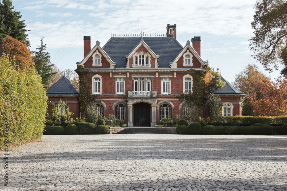 This opulent mansion is beautifully situated in a tranquil setting, surrounded by vibrant gardens and boasting a charming cobblestone driveway, perfect for an idyllic early afternoon