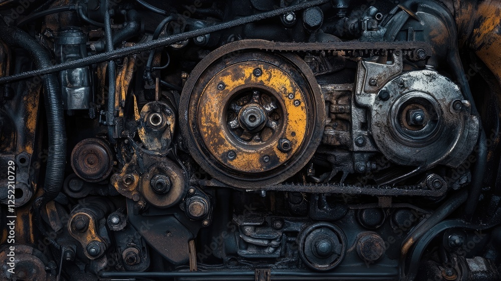 Fototapeta premium A detailed view of a cracked and frayed fan belt in an automobile engine.
