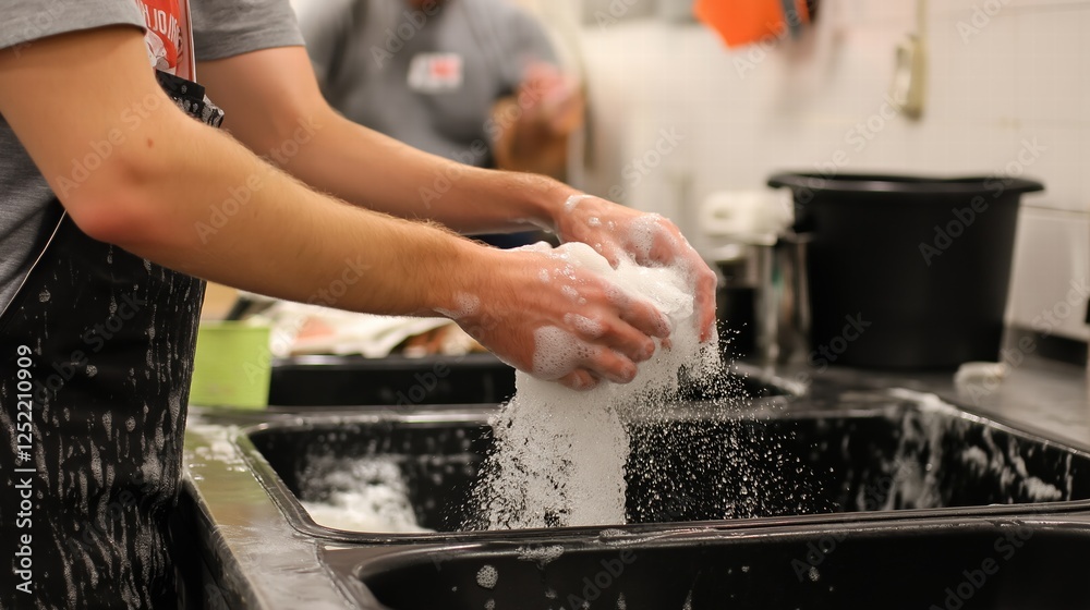 Close up of Hand washing dishes in the restaurant kitchen sink Close up of Hand washing dishes in the restaurant kitchen sink