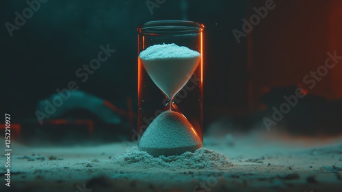 Time runs out; hourglass in dark setting. photo