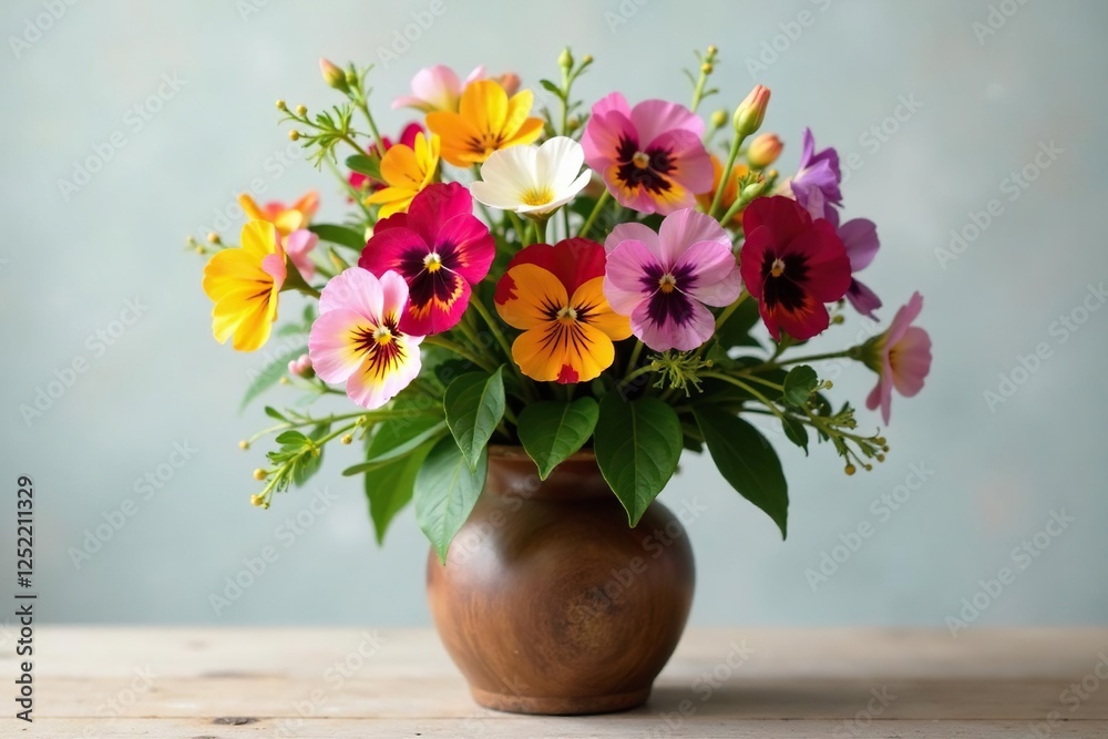 Obraz premium Forget me not and pansy bouquet in a rustic wooden vase, floral centerpiece, flower bouquet