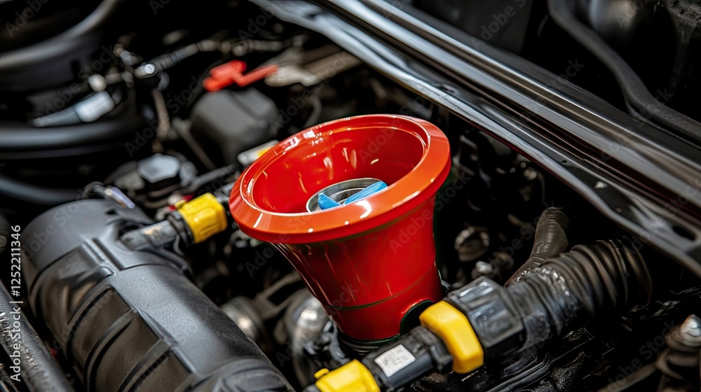 Fototapeta premium A funnel attached to a radiator cap as fresh coolant is poured in.