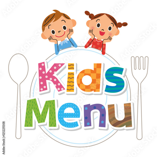 大きなお皿に子供達の大好物の料理メニュー文字