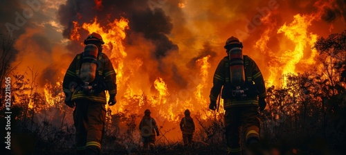 Firefighters Silhouetted Against Backdrop of Raging Forest Fire, Teamwork During Crisis.