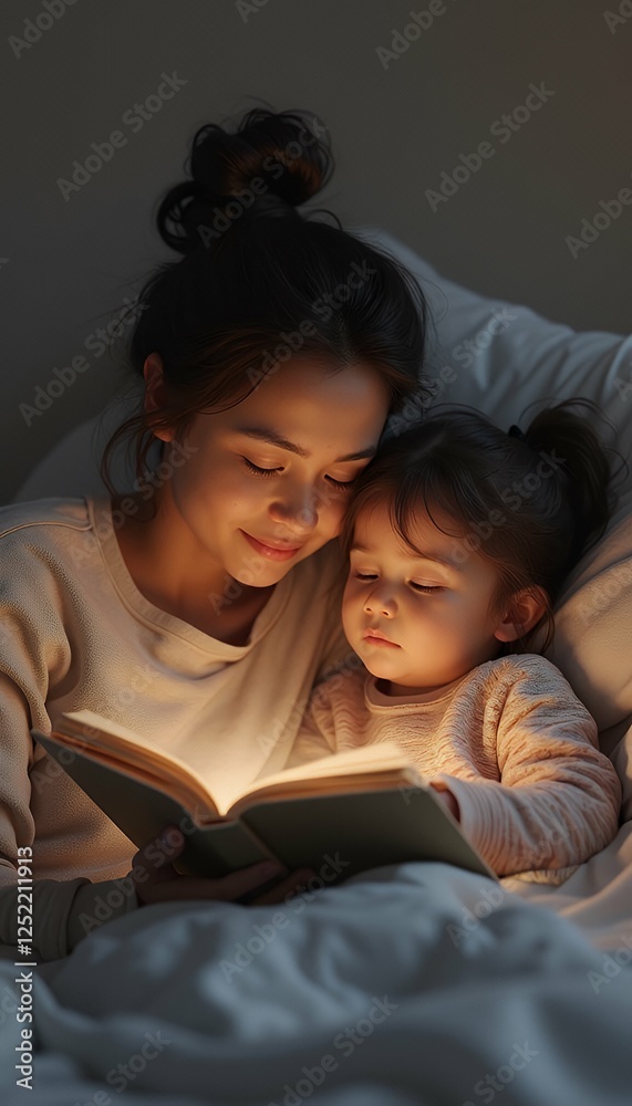 bed book going daughter young technology created reading sleep mother generative ai illustration female mother children girl woman read book bedchamber bedtime children 2 interior fantasy literature