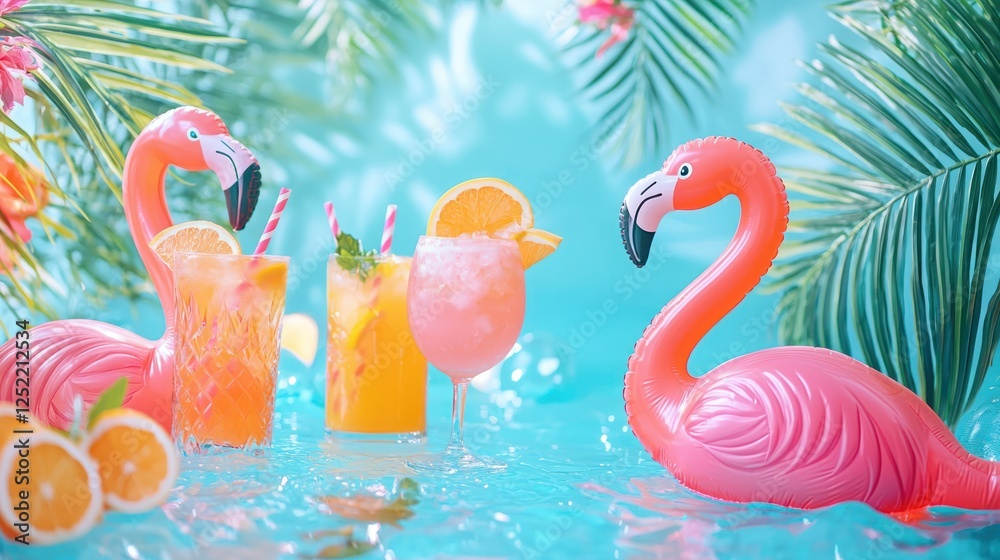Obraz premium A tropical pool party with inflatable flamingos, music, and colorful cocktails 