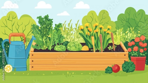 A vector graphic of a raised bed vegetable garden with tools, watering cans, and vibrant plant illustrations.