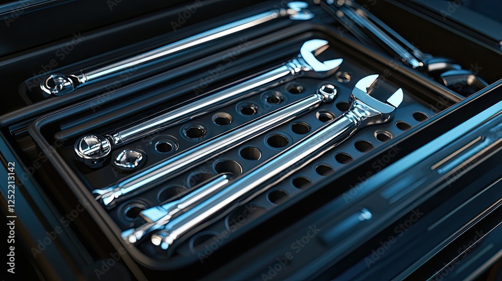 A mechanic's toolbox with essential tools for radiator installation. A mechanic's toolbox with essential tools for radiator installation.
