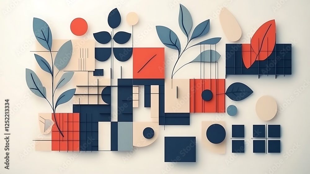 Obraz premium Abstract Geometric Composition Featuring Botanical Elements