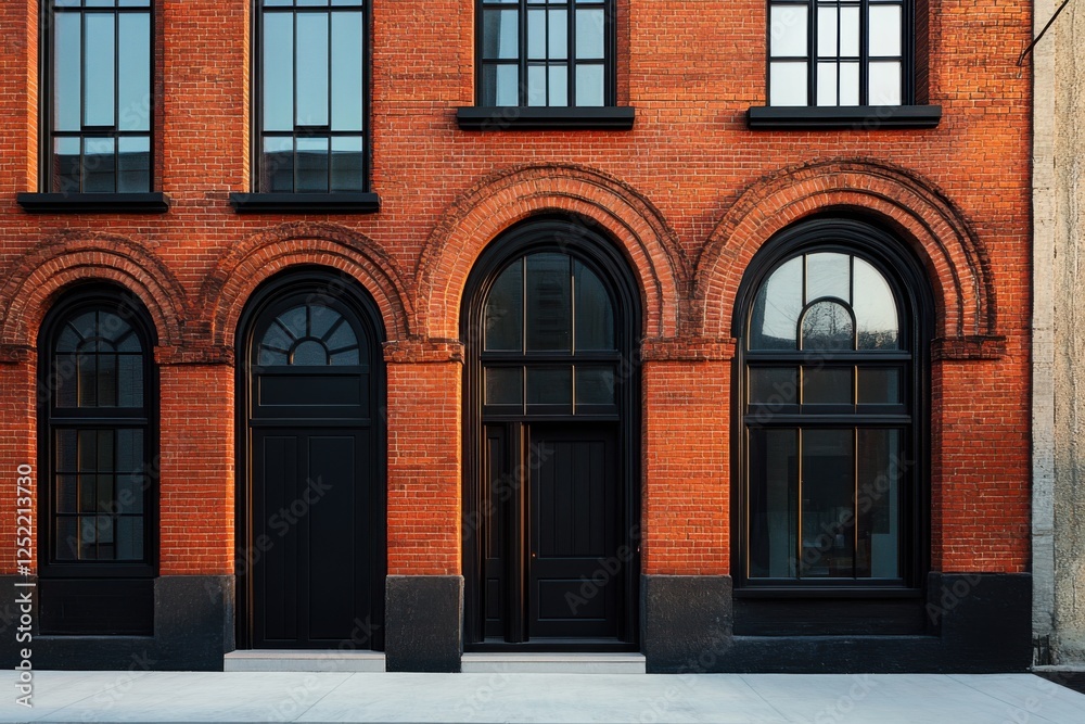 Fototapeta premium A historic brick building featuring elegant arched windows and striking black doors stands prominently in an urban environment, illuminated by daylight