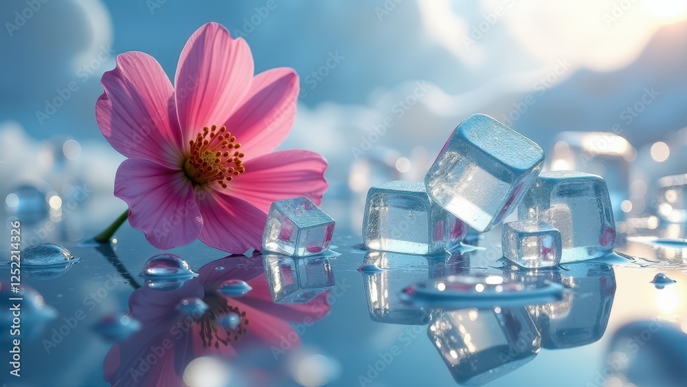 Fototapeta premium Pink lotus flower on melting ice cubes with water reflections under a cloudy sky 