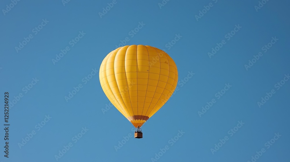 Obraz premium Yellow hot air balloon floats in clear blue sky. Travel, tourism, adventure
