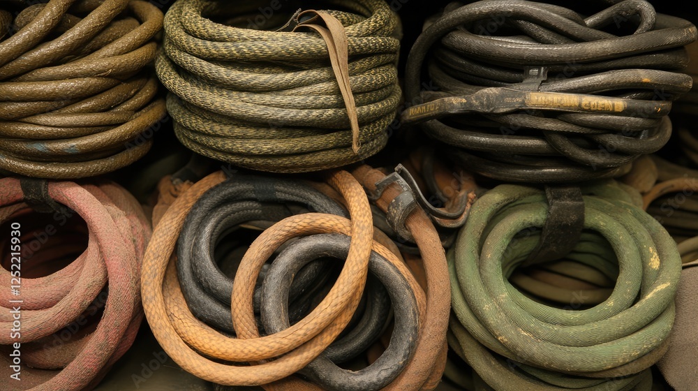 A stack of new water hoses coiled neatly beside an old removed one. A stack of new water hoses coiled neatly beside an old removed one.
