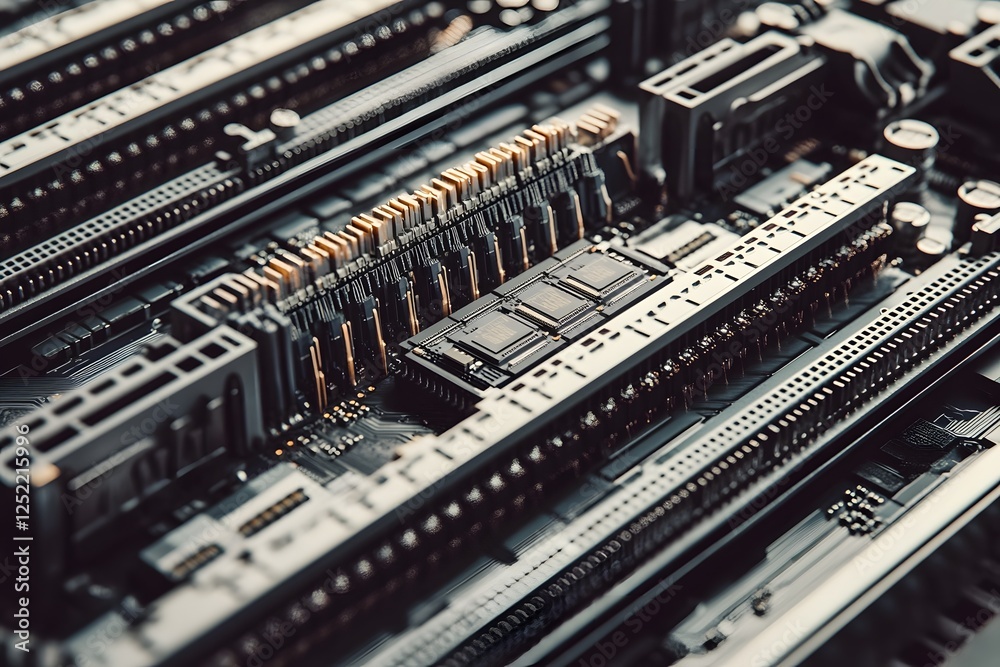 Closeup View of Intricate Computer Motherboard with Microchips and Electronic Components Closeup View of Intricate Computer Motherboard with Microchips and Electronic Components