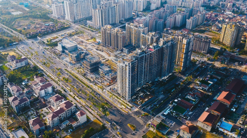 Fototapeta premium Aerial view of a bustling urban area with multiple commercial property developments in progress. 