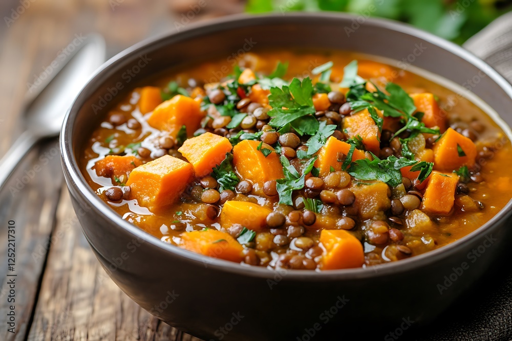 Serving of homemade sweet potato with lentil soup close-up in a bowl on the table. Serving of homemade sweet potato with lentil soup close-up in a bowl on the table.