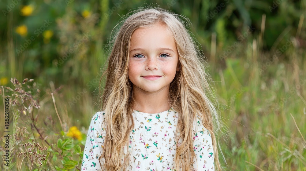 Child portrait in field, smiling, outdoors Child portrait in field, smiling, outdoors