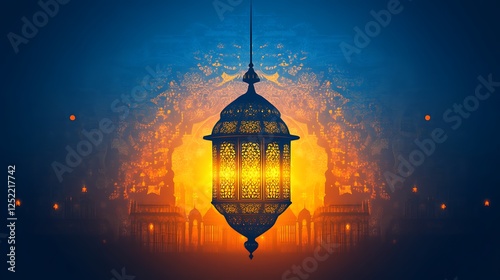 Illuminated Lantern Hanging Before Sunset Mosque Scene photo