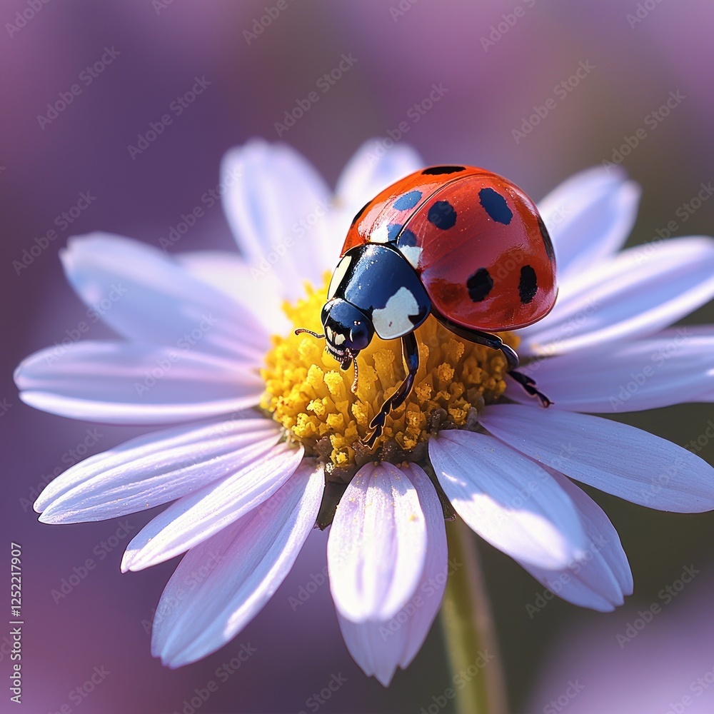 Ladybug Resting on a Delicate Purple Daisy Flower Ladybug Resting on a Delicate Purple Daisy Flower
