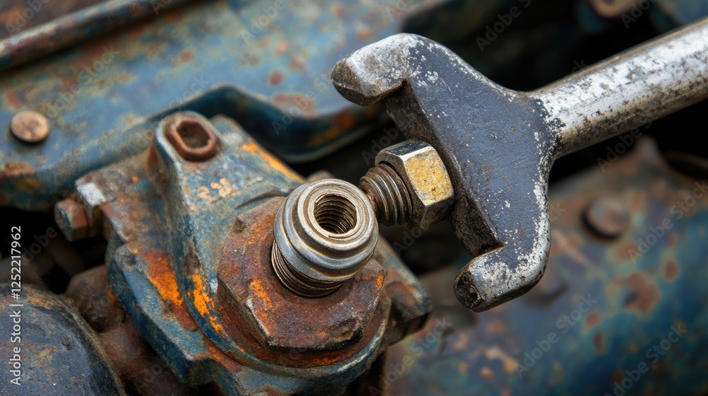A wrench tightening a bolt securing a radiator bracket in a vehicle. A wrench tightening a bolt securing a radiator bracket in a vehicle.