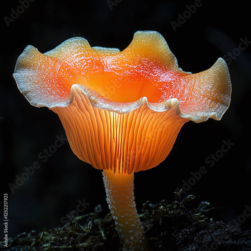 Glowing foxfire mushroom in darkness isolated on black background. photo