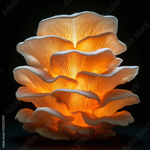 Glowing foxfire mushroom in darkness isolated on black background. photo