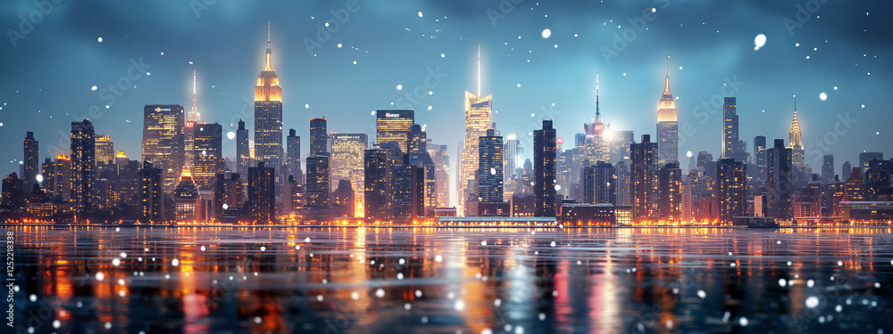Obraz premium Breathtaking winter evening view of snow-covered New York City skyline adorned with festive lights