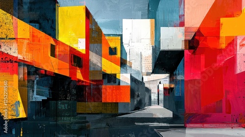 An artistic interpretation of property development with geometric shapes and bold colors.