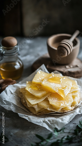 Rustic apple galette featuring golden caramelized apples wrapped in flaky hand-folded pastry served on parchment paper with drizzle of honey. photo