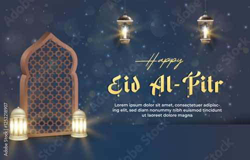 happy eid al fitr template banner with beautiful islamic ornament with blue background design 25