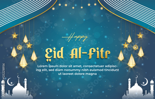 happy eid al fitr template banner with beautiful islamic ornament with blue background design 21