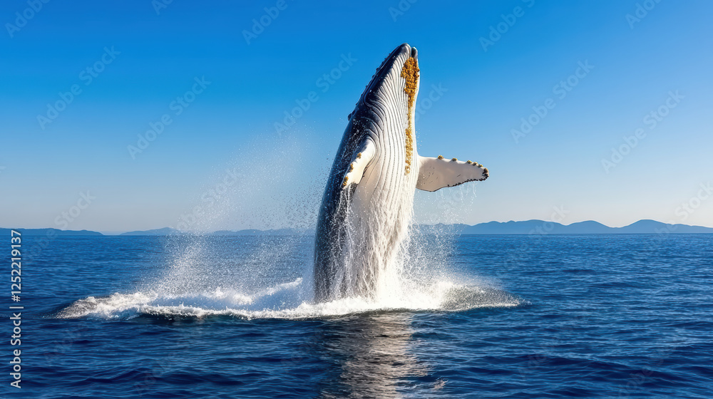 Naklejka premium whale breaching majestically off coast, showcasing its power and grace