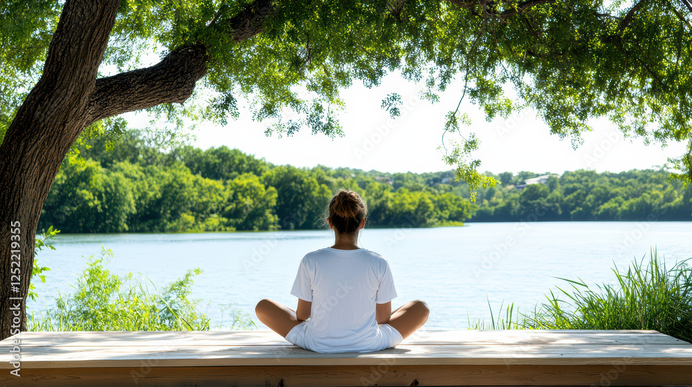 Fototapeta premium woman enjoying peaceful moment gazing at water under tree