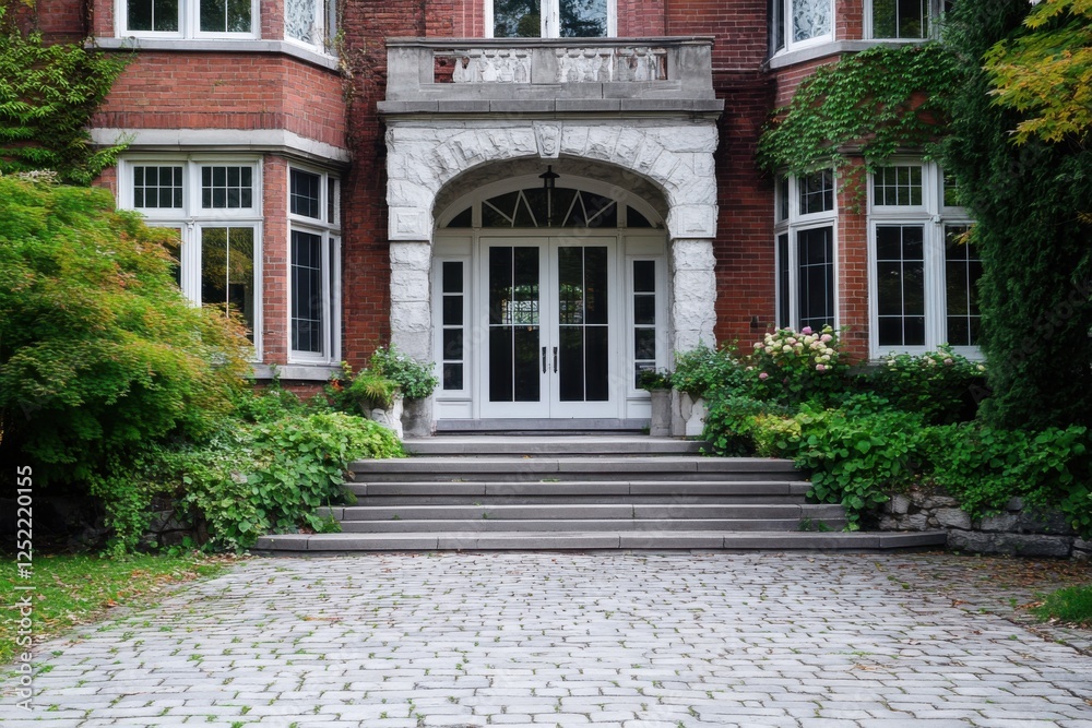 Elegant entrance of a historic building surrounded by lush greenery on a calm autumn day in a serene neighborhood setting ideal for leisurely strolls Elegant entrance of a historic building surrounded by lush greenery on a calm autumn day in a serene neighborhood setting ideal for leisurely strolls