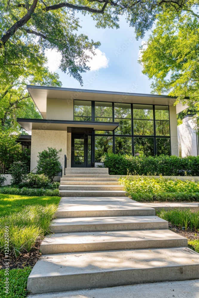 Modern residential architecture showcases clean lines and abundant greenery in a peaceful suburban setting during bright daylight Modern residential architecture showcases clean lines and abundant greenery in a peaceful suburban setting during bright daylight