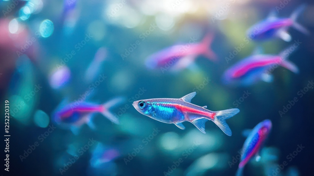 Naklejka premium Bright neon tetras swimming freely in a spacious freshwater tank. 