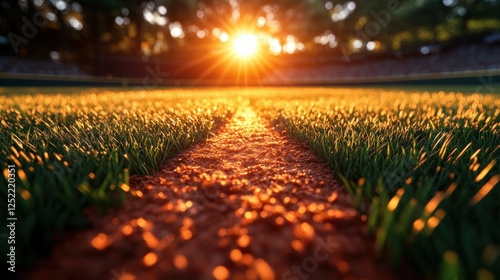 Hyper-realistic sunset baseball stadium field with golden light shadows highlighting vibrant grass and brown infield dirt