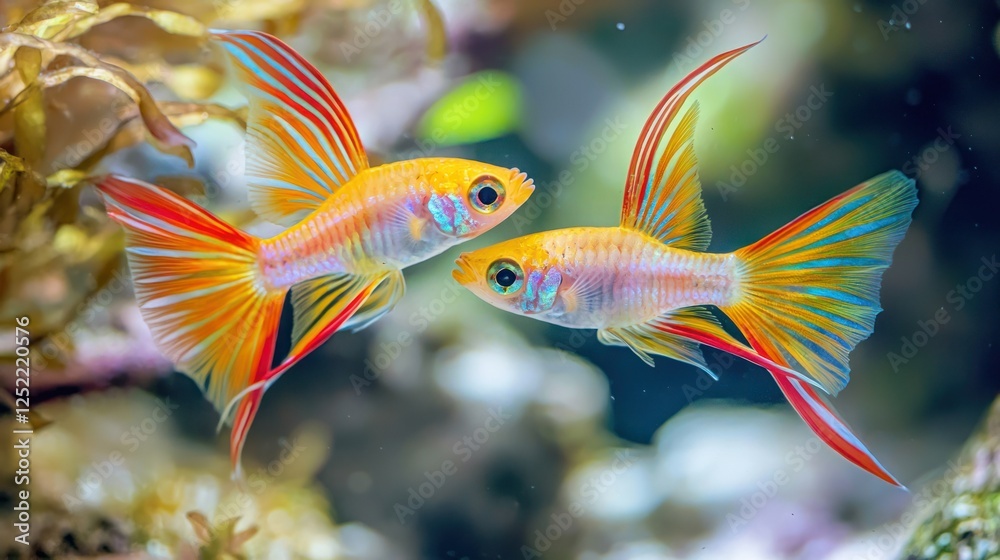 Fototapeta premium Brightly colored swordtails interacting in a planted aquarium. 