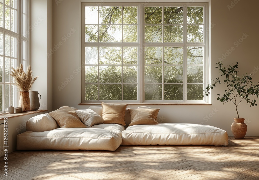 Fototapeta premium Minimalist Scandinavian Living Room with White Sofa and Wooden Parquet Flooring