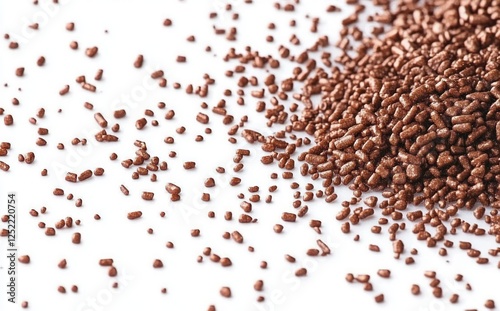 Brown chocolate sprinkles scattered on white background minimalist photography texture photo