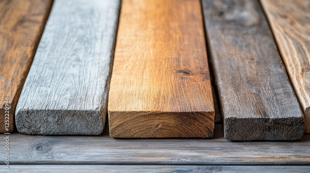 Close up of various wooden planks showcasing different textures and colors Close up of various wooden planks showcasing different textures and colors