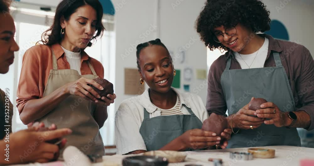 Pottery, happy and teacher with people in workshop for skills with clay, ceramic and sculpture class. Creative, art studio and instructor with group to practice hobby, craft and design to mold object