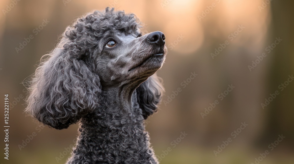 Elegant gray poodle looking up in a serene forest setting during golden hour Elegant gray poodle looking up in a serene forest setting during golden hour