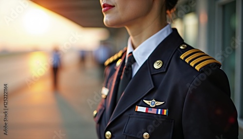Female pilot in uniform standing at airport during sunset