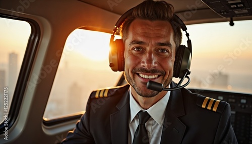 Smiling pilot in cockpit during sunset flight
